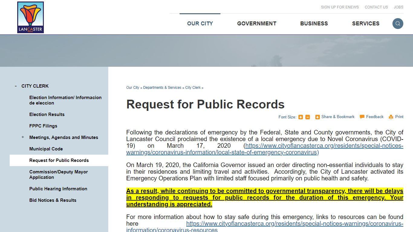 Request for Public Records | City of Lancaster - Lancaster, California